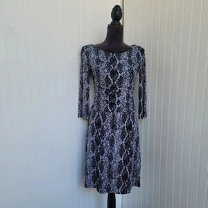Enfocus Studio Womens Dress Snake White Black Print Fit Flare 3/4 Stretch Sz 4